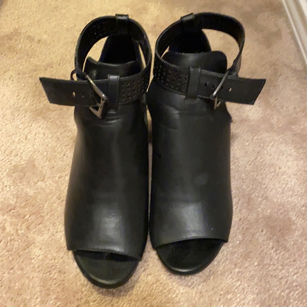 Black ankle buckle open toe heels. 8.5